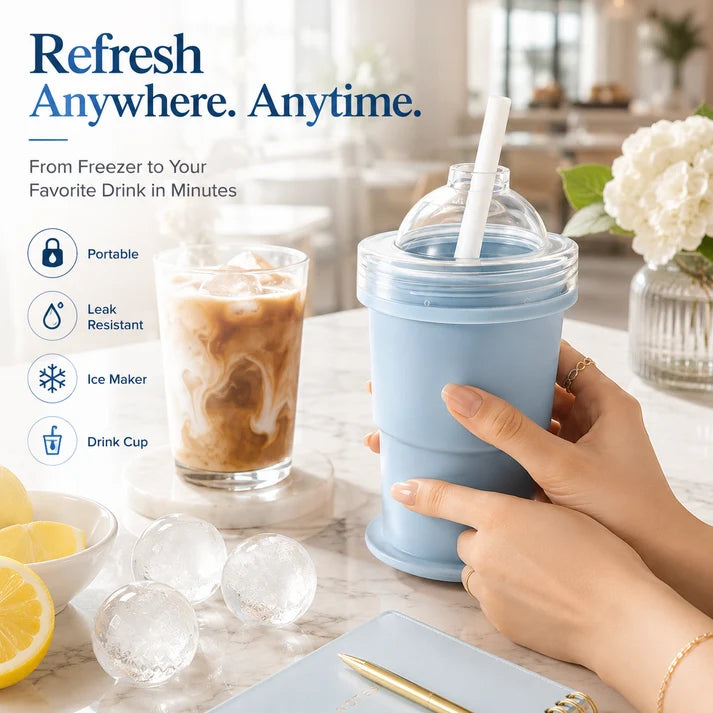 2-in-1 Silicone Ice Ball Maker Cup | Portable Ice Mold with Straw & Leak-Proof Lid