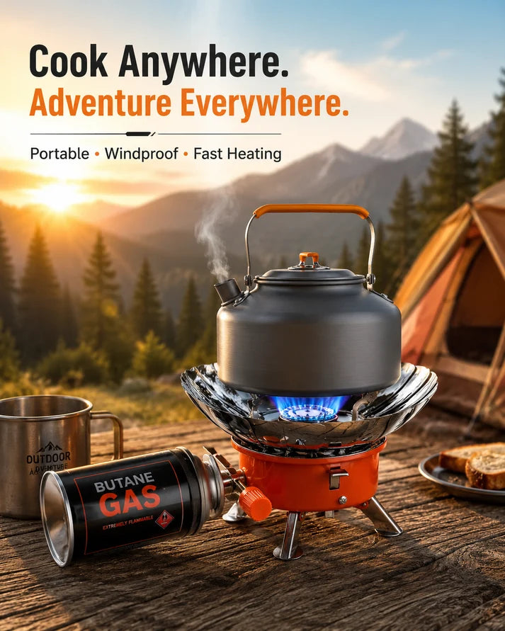 Mini Portable Gas Camping Stove – Windproof Butane Backpacking Burner with Auto Ignition, Compact Outdoor Cooking Stove for Camping, Hiking, Fishing, Backpacking & Travel